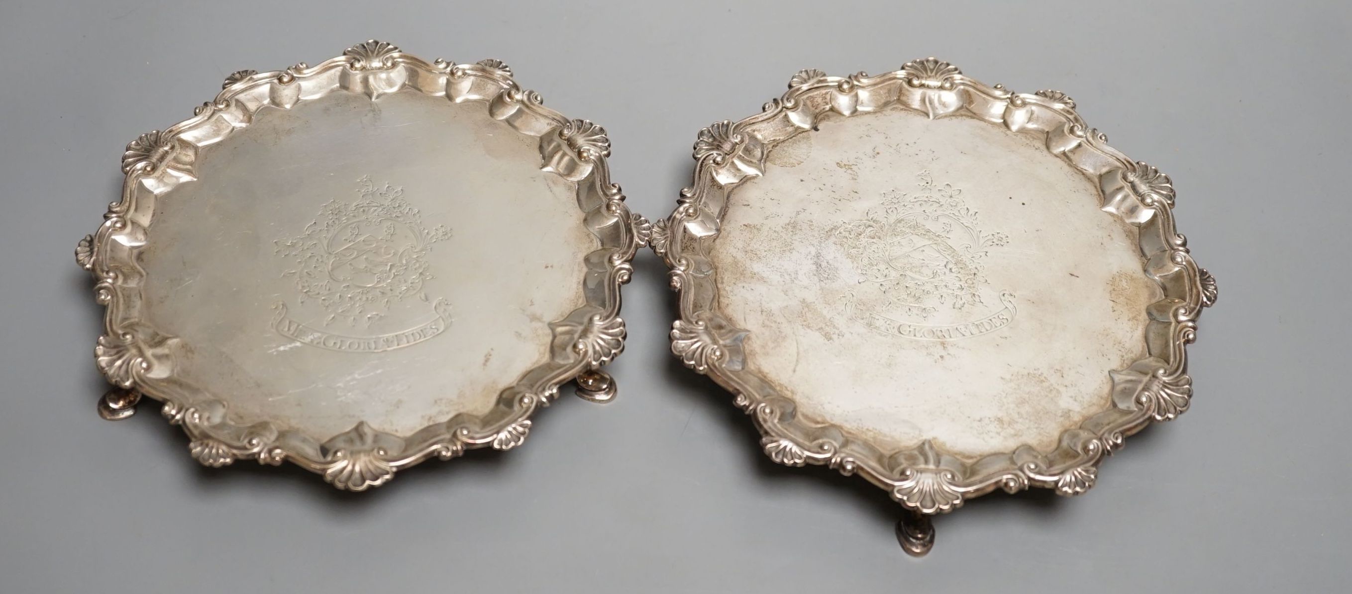 A pair of George III silver waiters, by John Cox, (a.f.)